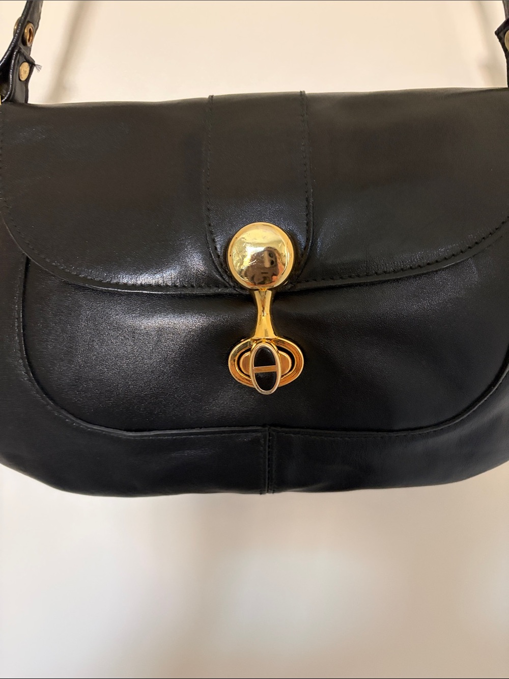 Vintage Black Leather Shoulder Bag with Gold Hardware, Strap 15 1/2 in. ,13x8 in - Picture 3 of 9